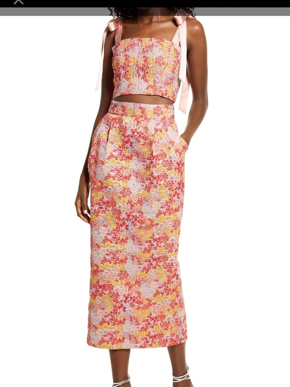 Lulu's Homecoming Coral Pink Blue Floral Tie-ShoulderTop and Skirt 2 Piece
